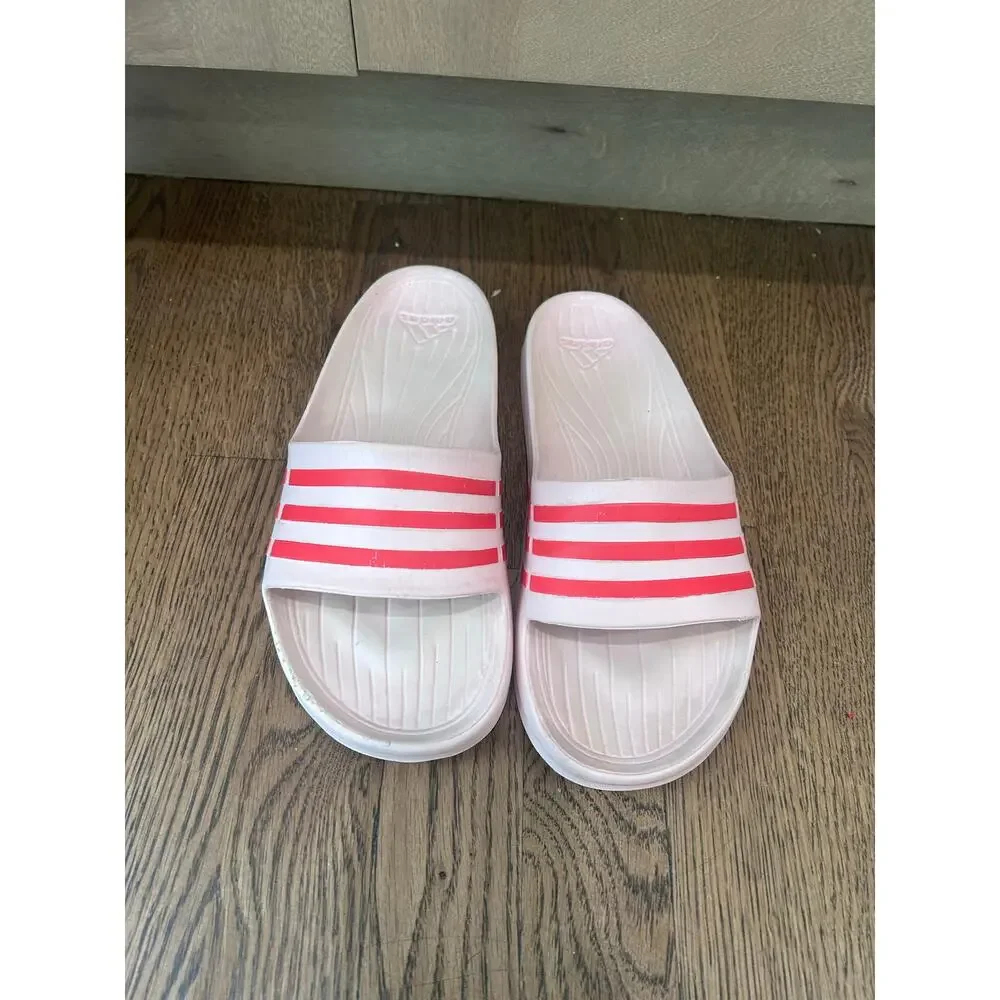 Adidas Duramo Slide Sandals White Pink 3 Stripe Sport Slip On Slides Women's 10